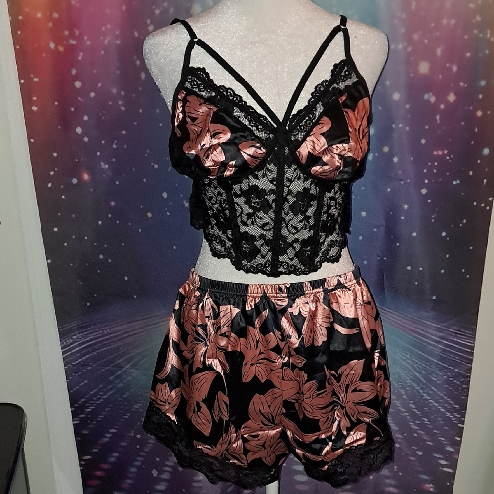 Pink and Black Lace Pajama Set with Camisole Top